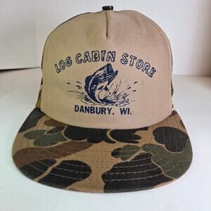 Vintage Log Cabin Store Danbury WI Camo Mesh Trucker Hat USA Made Semco